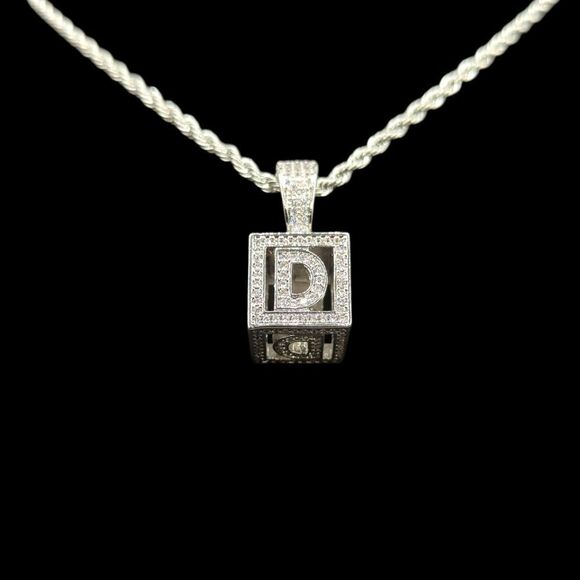 20"Rope Chain - 14K White Gold Finish Square Letter D. - Picture 6 of 7